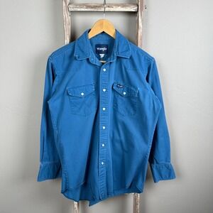 Vintage Wrangler Solid Blue Cotton Longsleeve Pearl Snap Shirt Med
